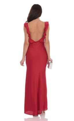 Satin Ruffle Open Maxi Dress in Red
