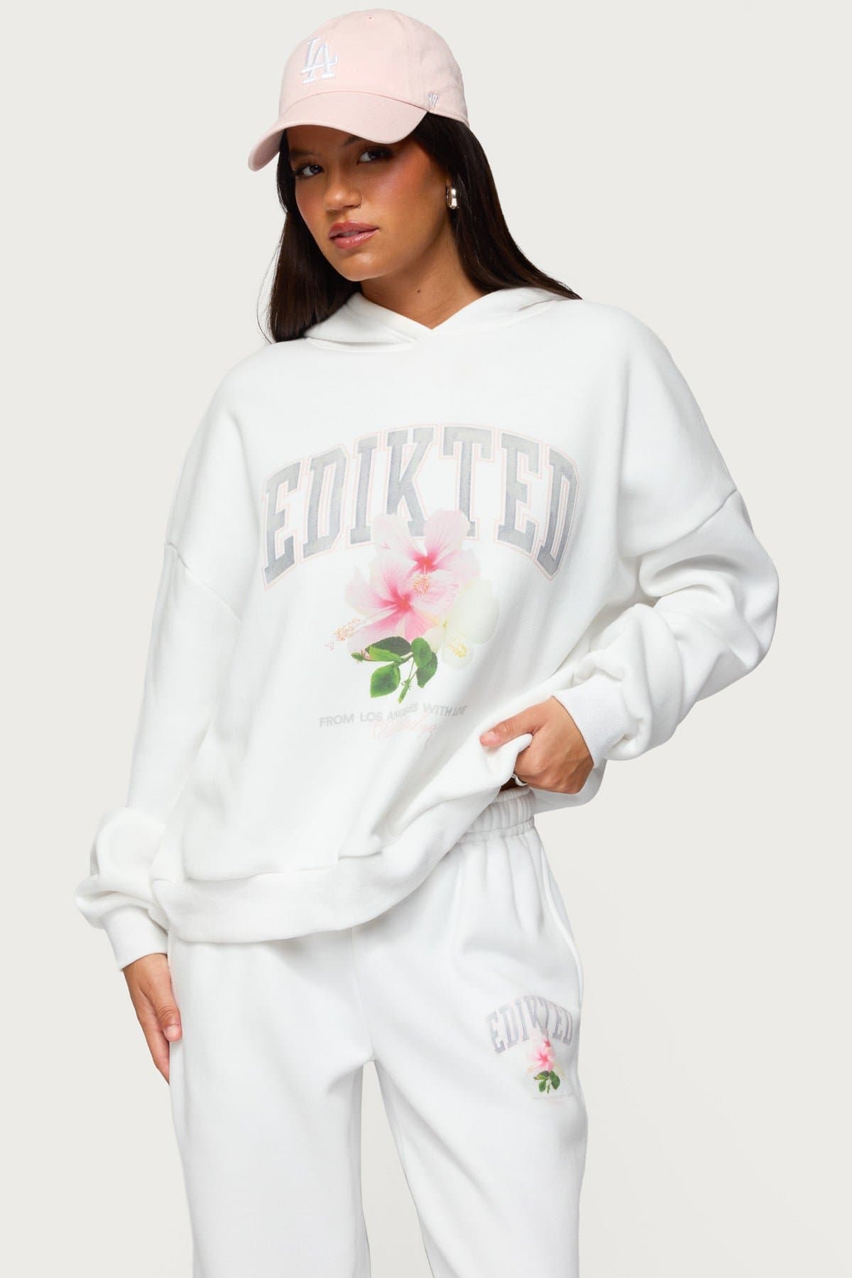 Fleura Edikted Oversized Hoodie - Flower Graphic Print Cotton Polyester