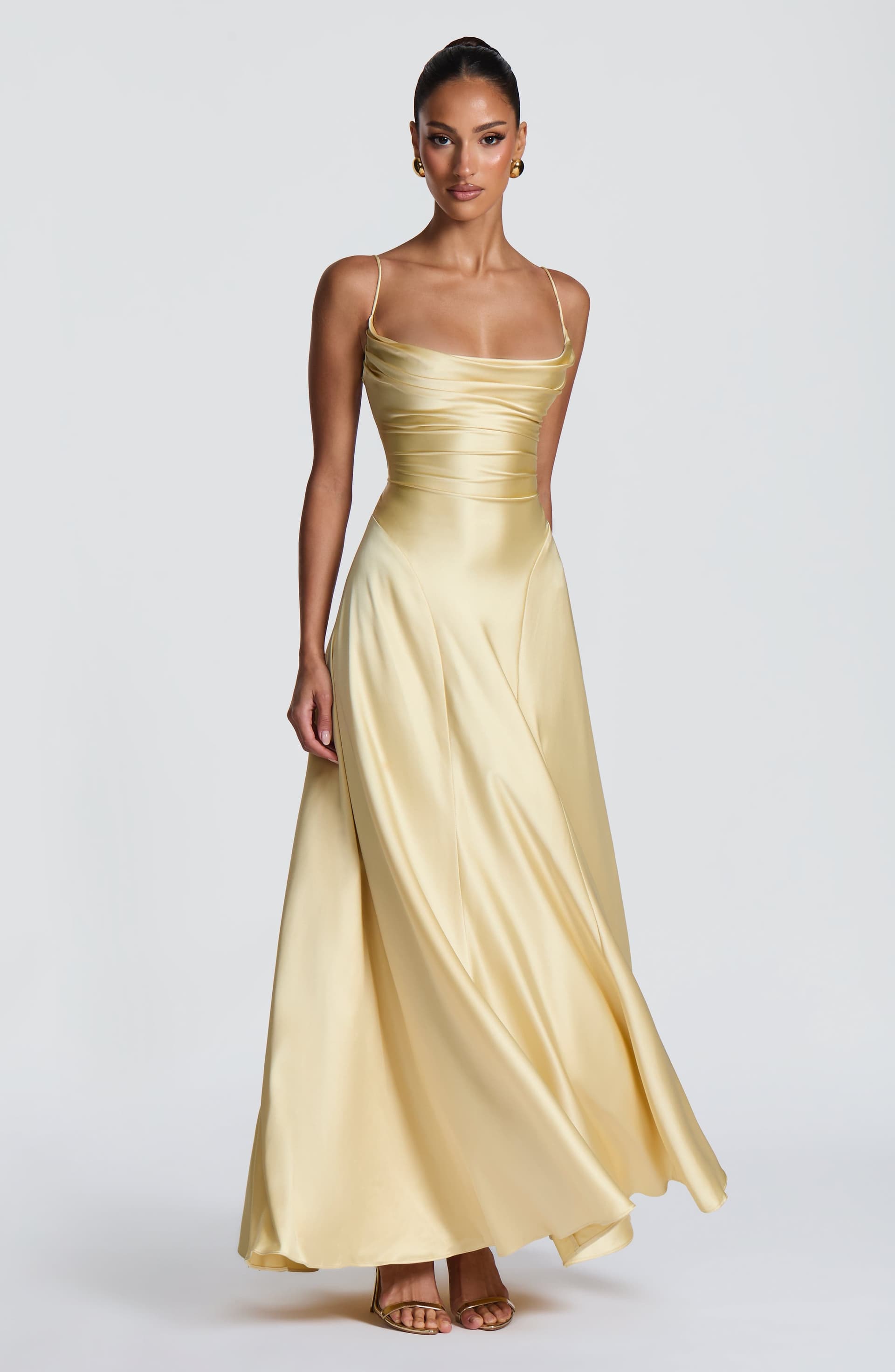 Adelina Lemon Maxi Dress - Satin Twist Cowl Neck Spaghetti Straps Lace-Up Back
