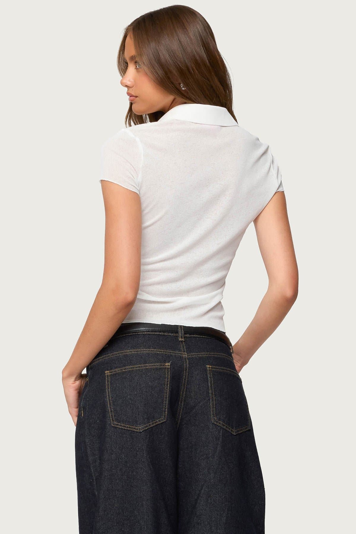 Geena Semi Sheer Button Up Shirt Short Sleeve Classic Collar Polyester Spandex