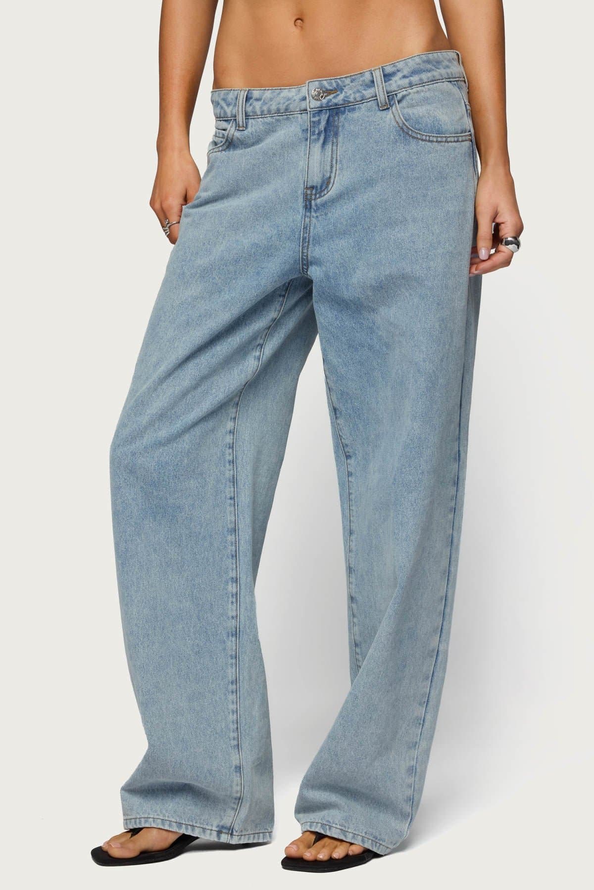 Dalina Washed Low Rise Baggy Jeans - 100% Cotton Rigid Denim