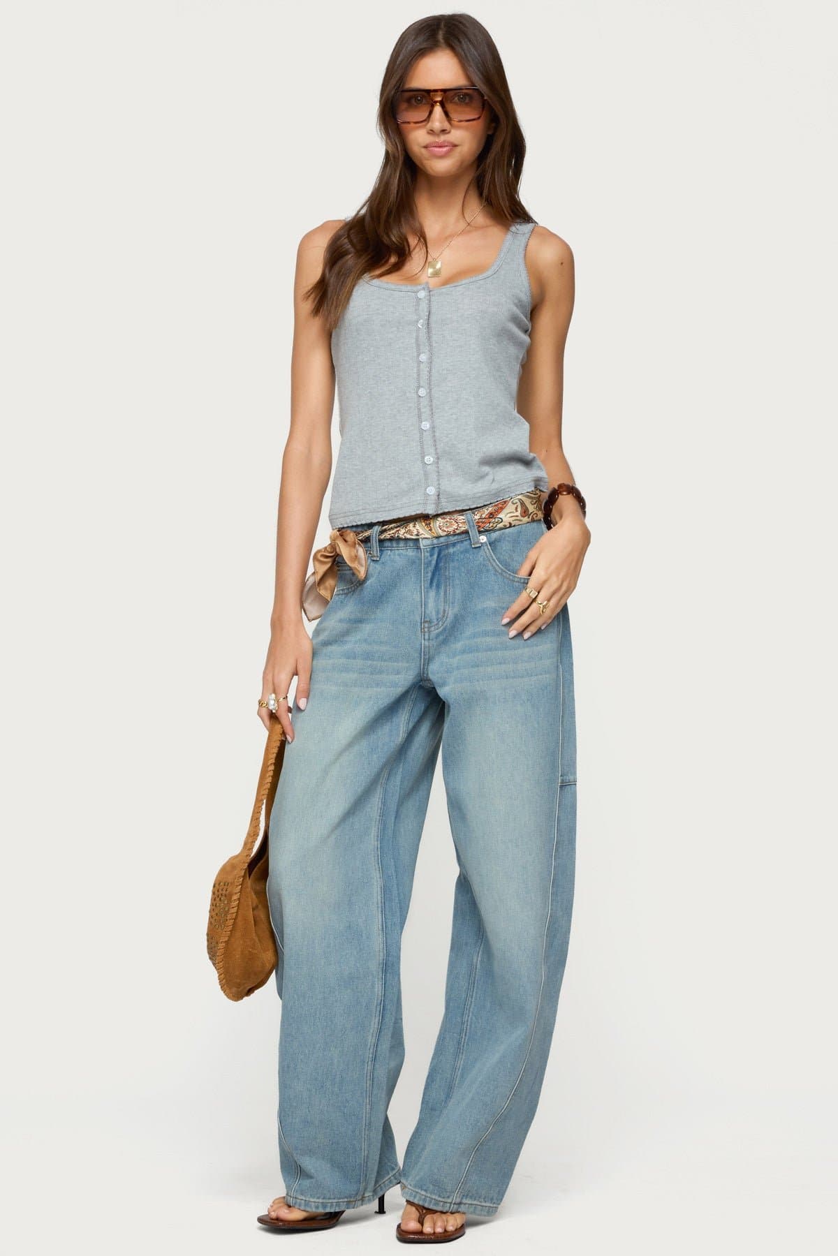 Gwenne Pointelle Button Up Tank Top - Polyester Spandex Scalloped Hem