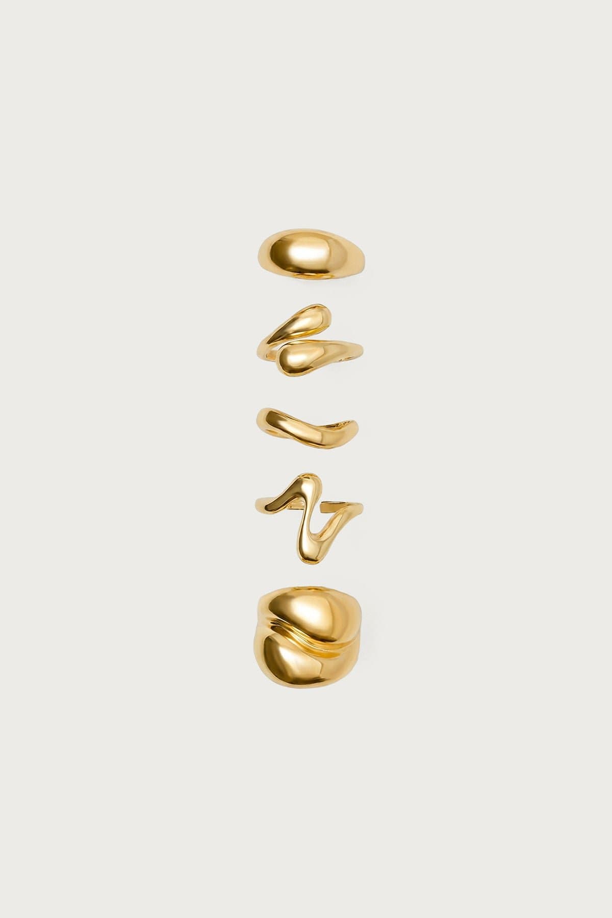 Mixed Abstract Ring Pack - 5 Gold Tone Metal Rings, 0.6-0.7in Diameter