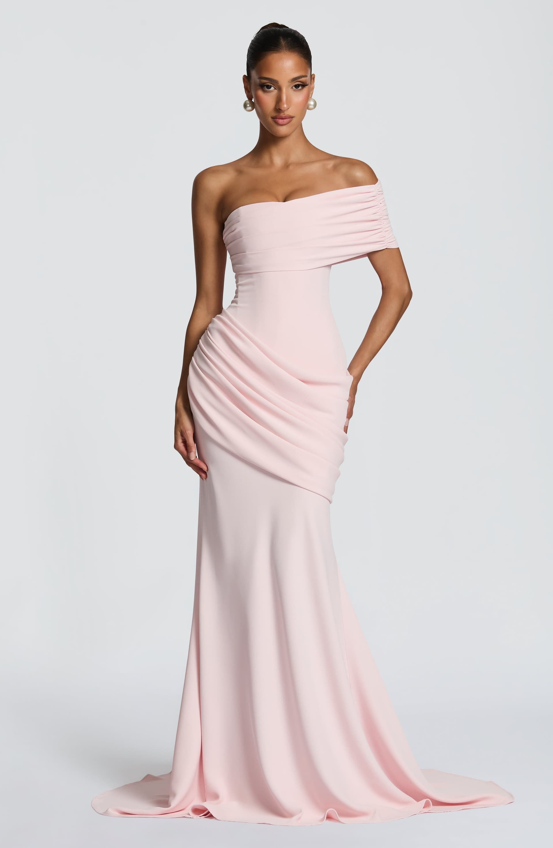 Kasia Blush Gown - Asymmetric One-Shoulder Corset Bodice Crepe Maxi Dress with Train