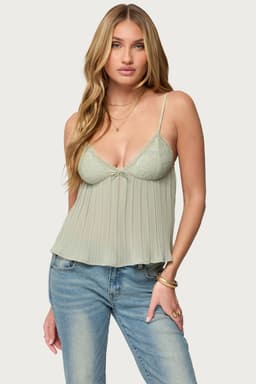 Rhian Lacey Pleated Babydoll Top - Adjustable Straps, Lace Bust, Chiffon