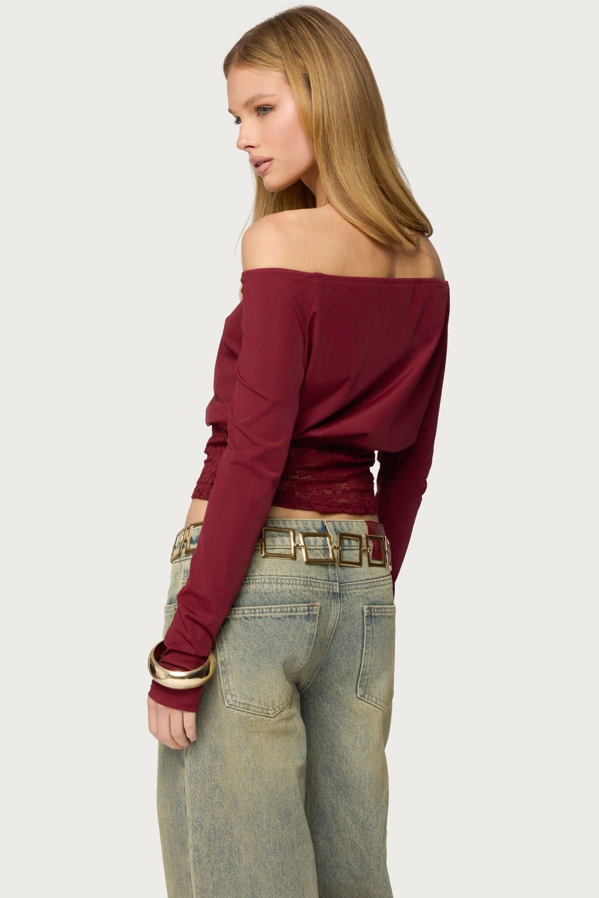 Dorona Lacey Off Shoulder Long Sleeve Top with Cinched Waist