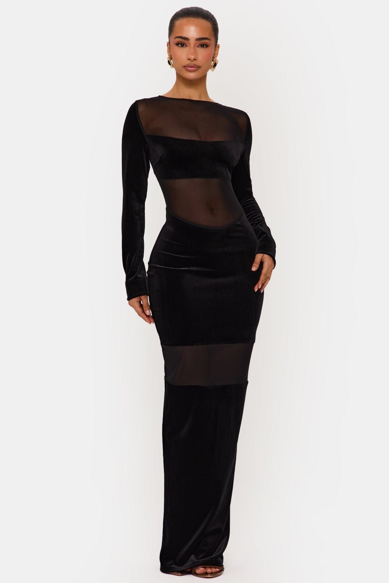 Noir Maxi Long Sleeve Black Dress with Mesh and Velvet Panels