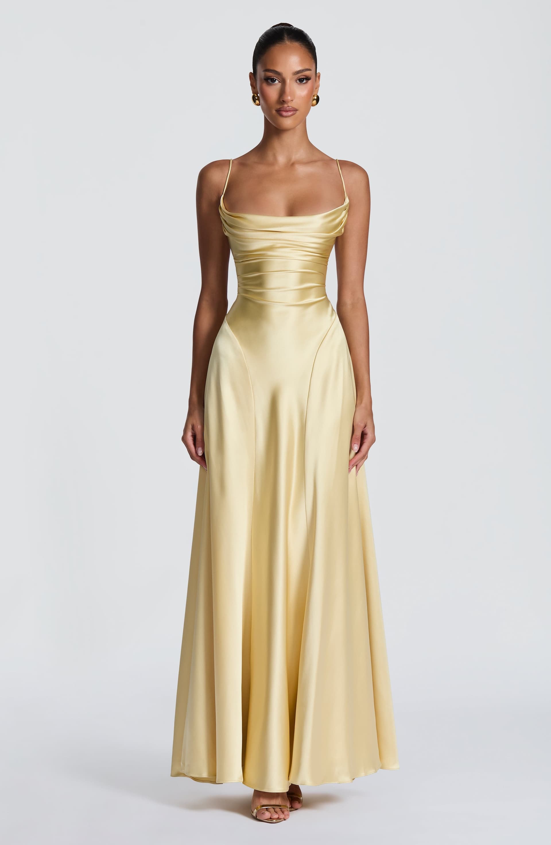 Adelina Lemon Maxi Dress - Satin Twist Cowl Neck Spaghetti Straps Lace-Up Back