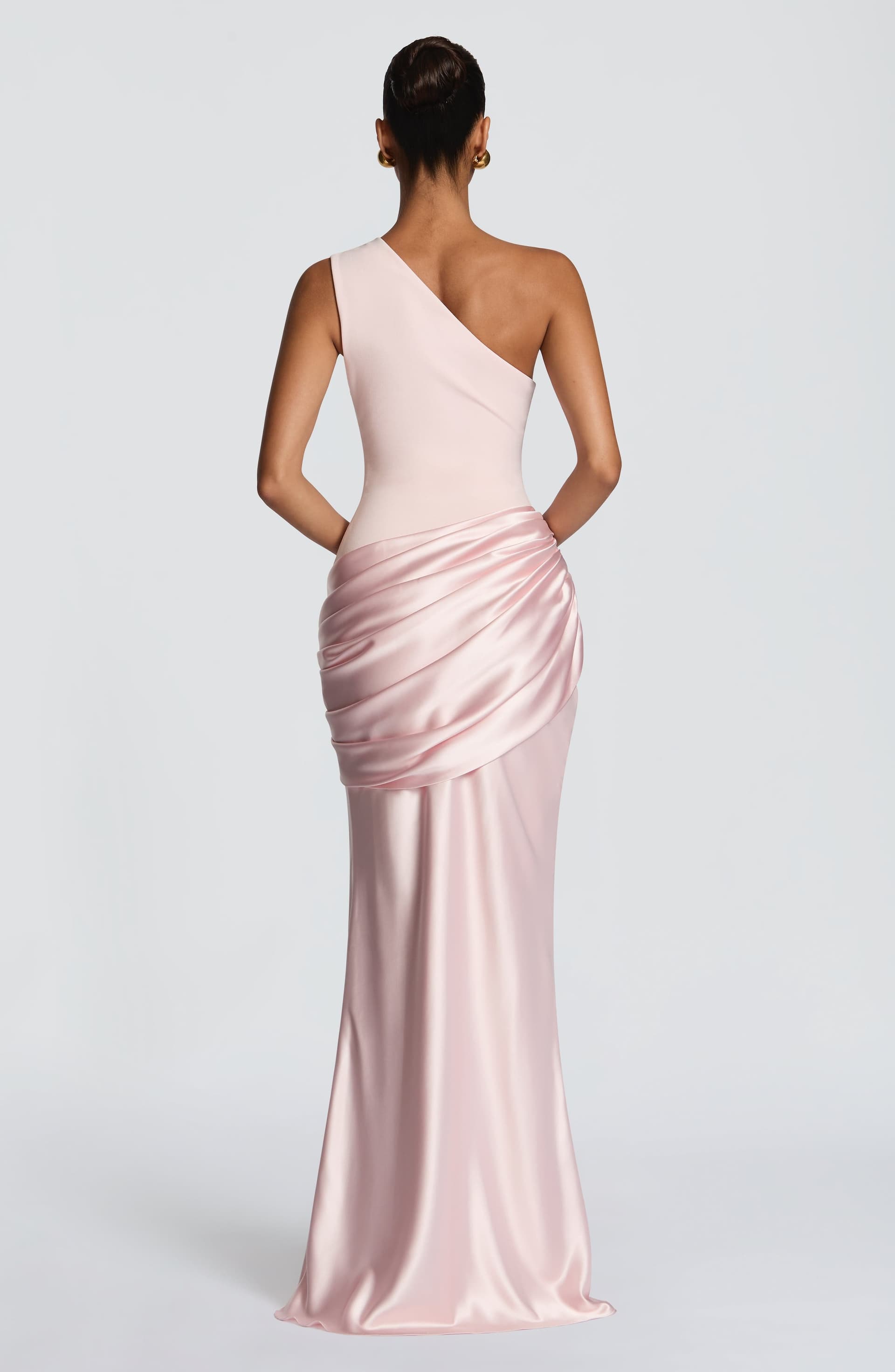 Sadona Maxi Dress - Blush One Shoulder Stretch Crepe Satin Asymmetric Pleats