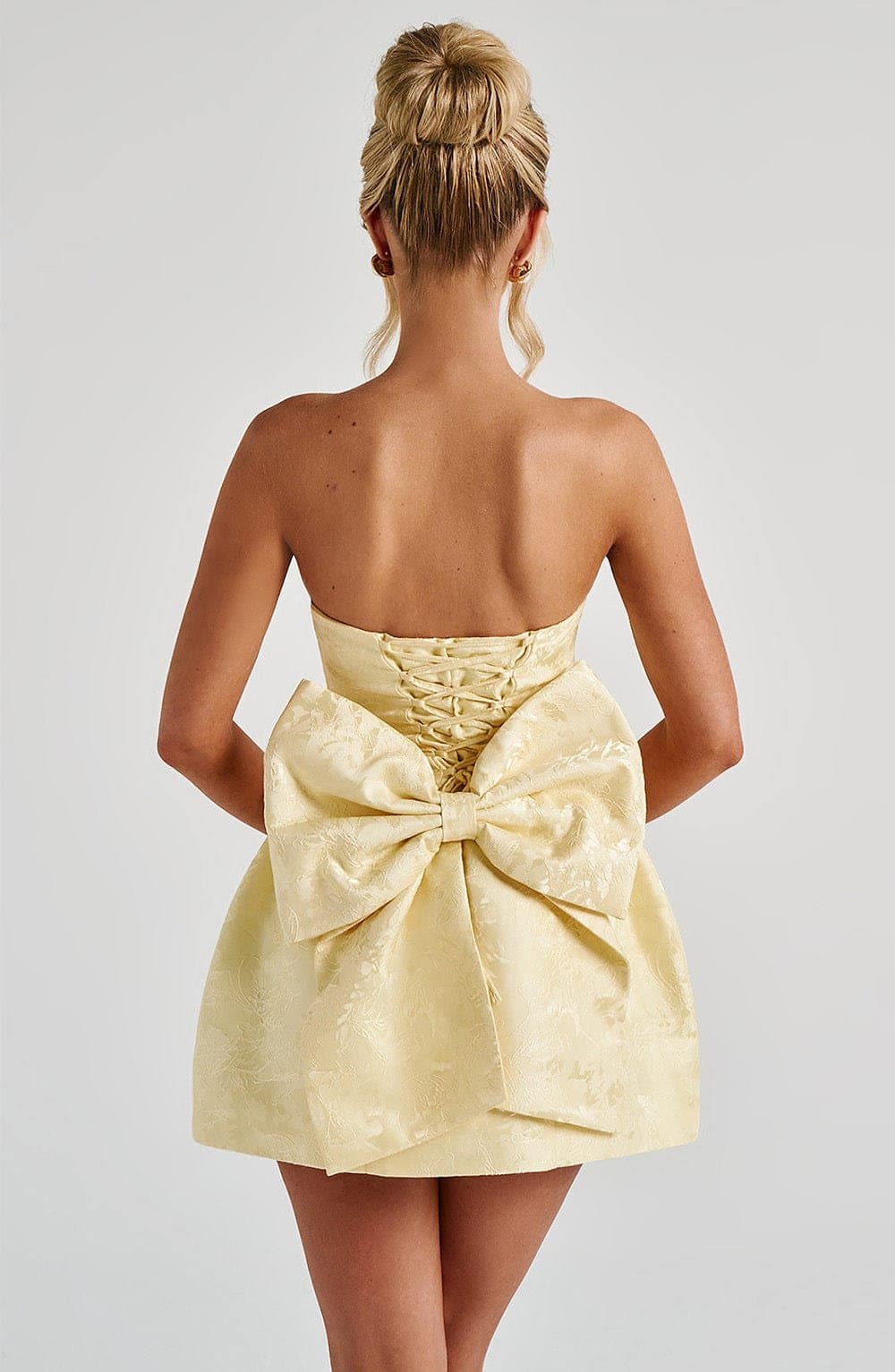 Elenora Mini Dress in Lemon - Strapless Floral Jacquard with Lace-Up Back