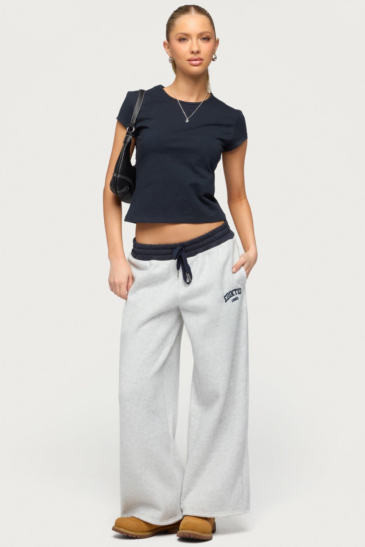 Petite Edikted Contrast Embroidered Sweatpants - Adjustable Tie Waist, Polyester