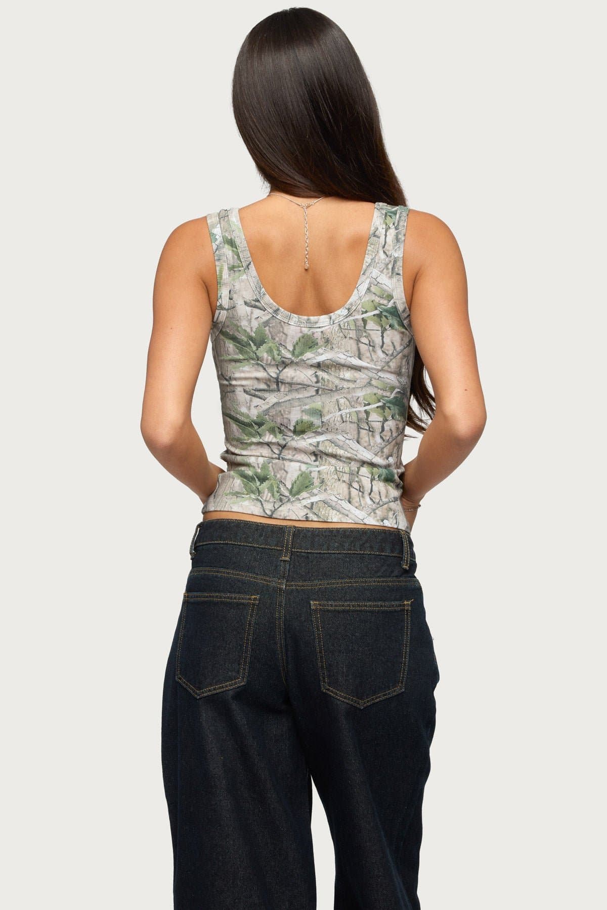 Edikted Girly Ribbed Tank Top with Camo Print Graphic - Cotton Spandex