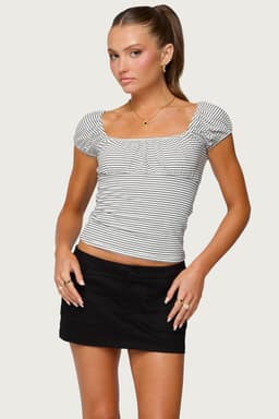 Oleana Gathered Bust Top - Striped Short Sleeve Cotton Spandex