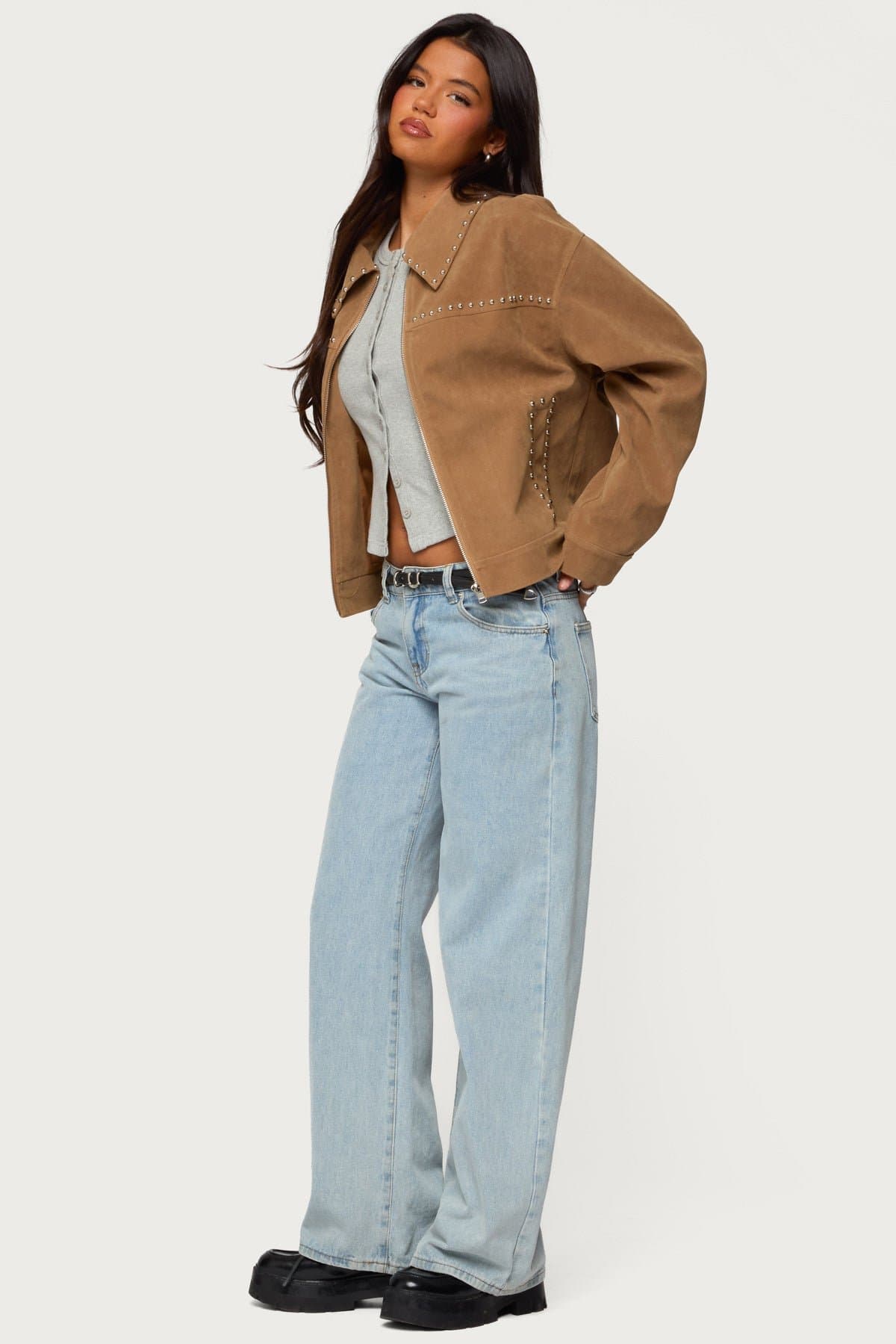 Memphis Studded Faux Suede Jacket - Collared Polyester Polyurethane Women's