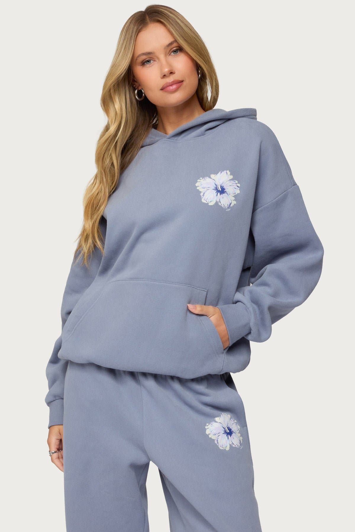 Tropical Bloom Hoodie with Hibiscus Flower Print Polyester Cotton Matching Set