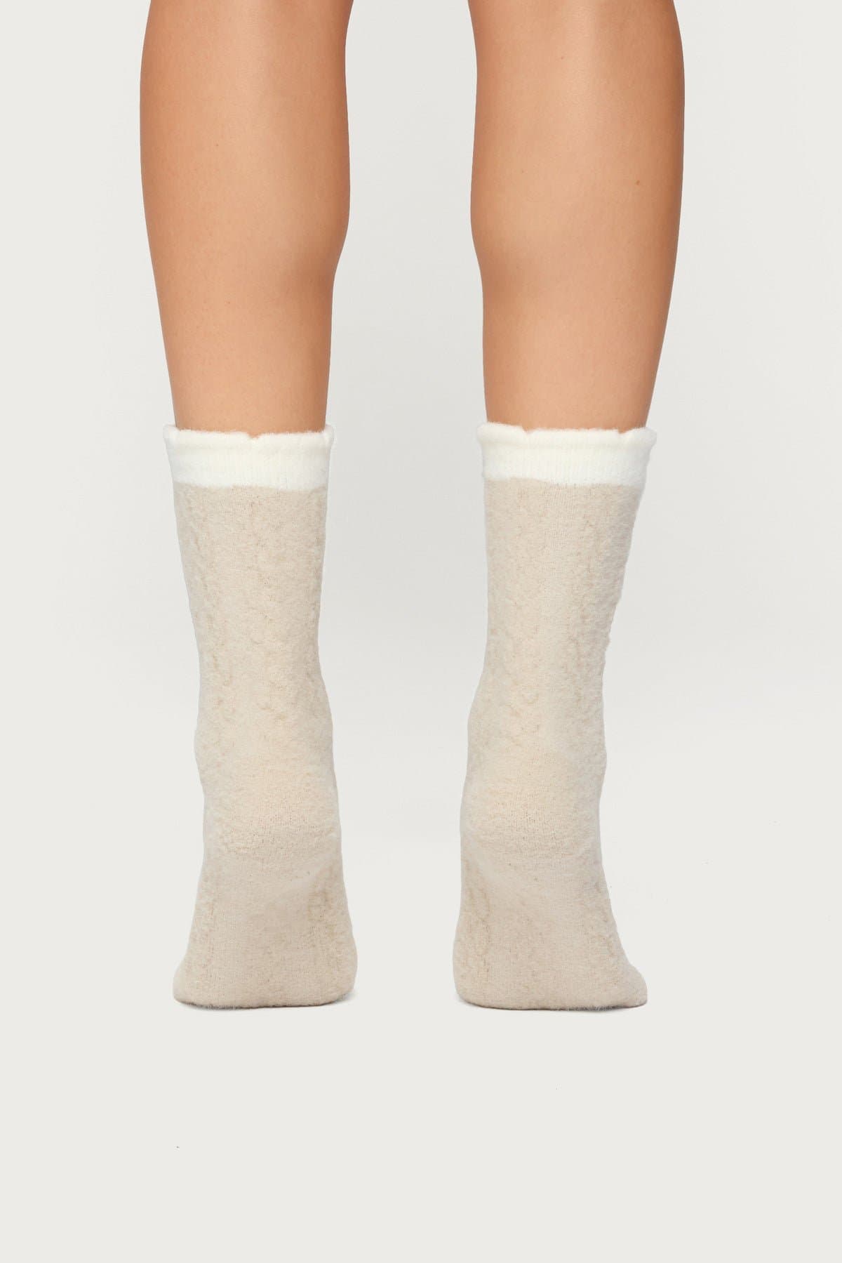 Contrast Fuzzy Cable Knit Socks - Nylon Spandex, 12.2 Inch Length
