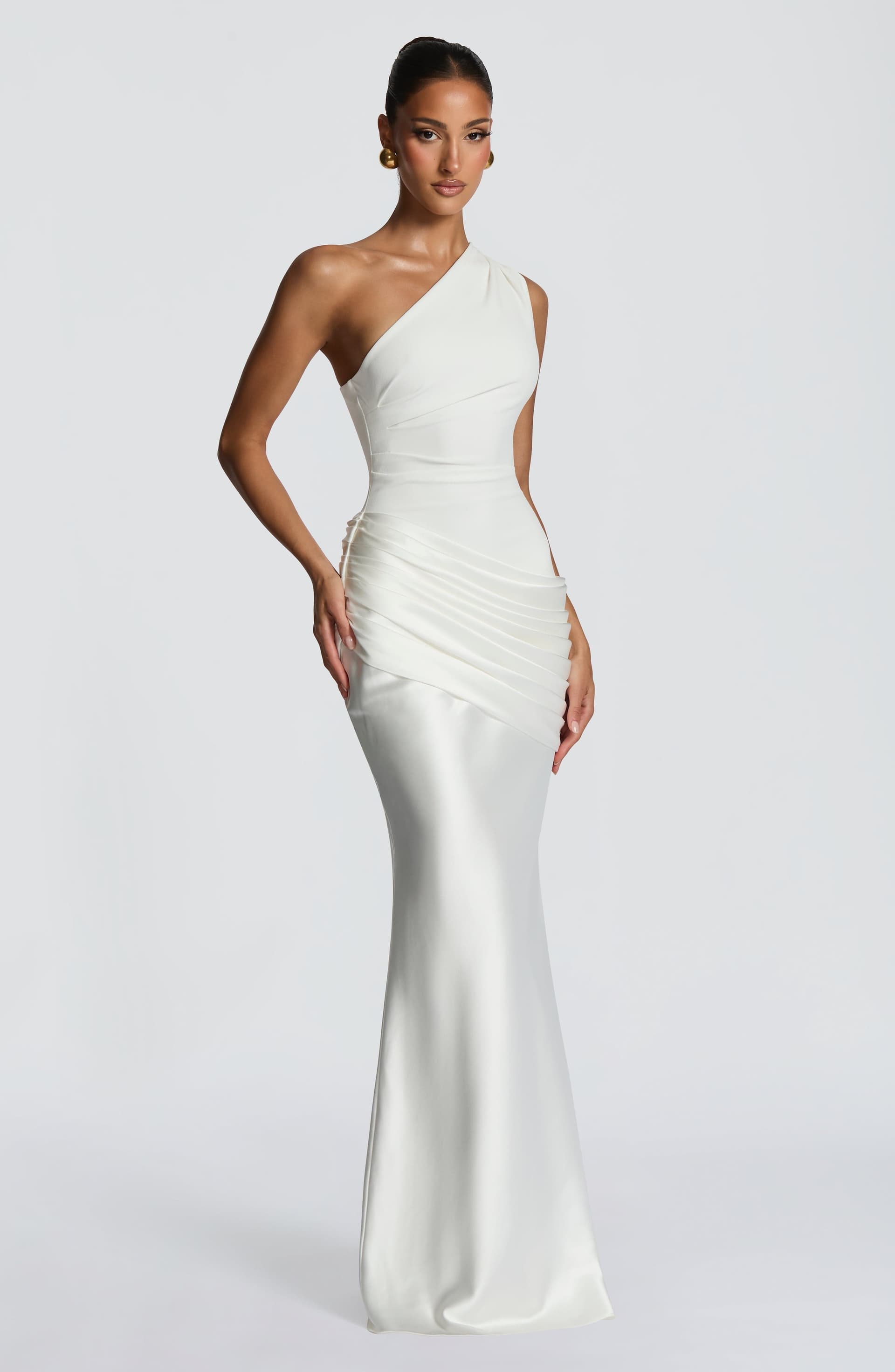 Sadona Maxi Dress in Ivory - One Shoulder Stretch Crepe Bodice Satin Skirt