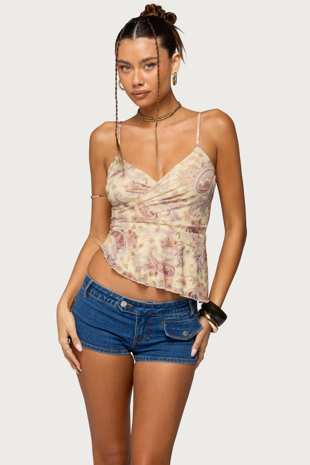 Paisley Asymmetric Ruched Wrap Top with Adjustable Straps