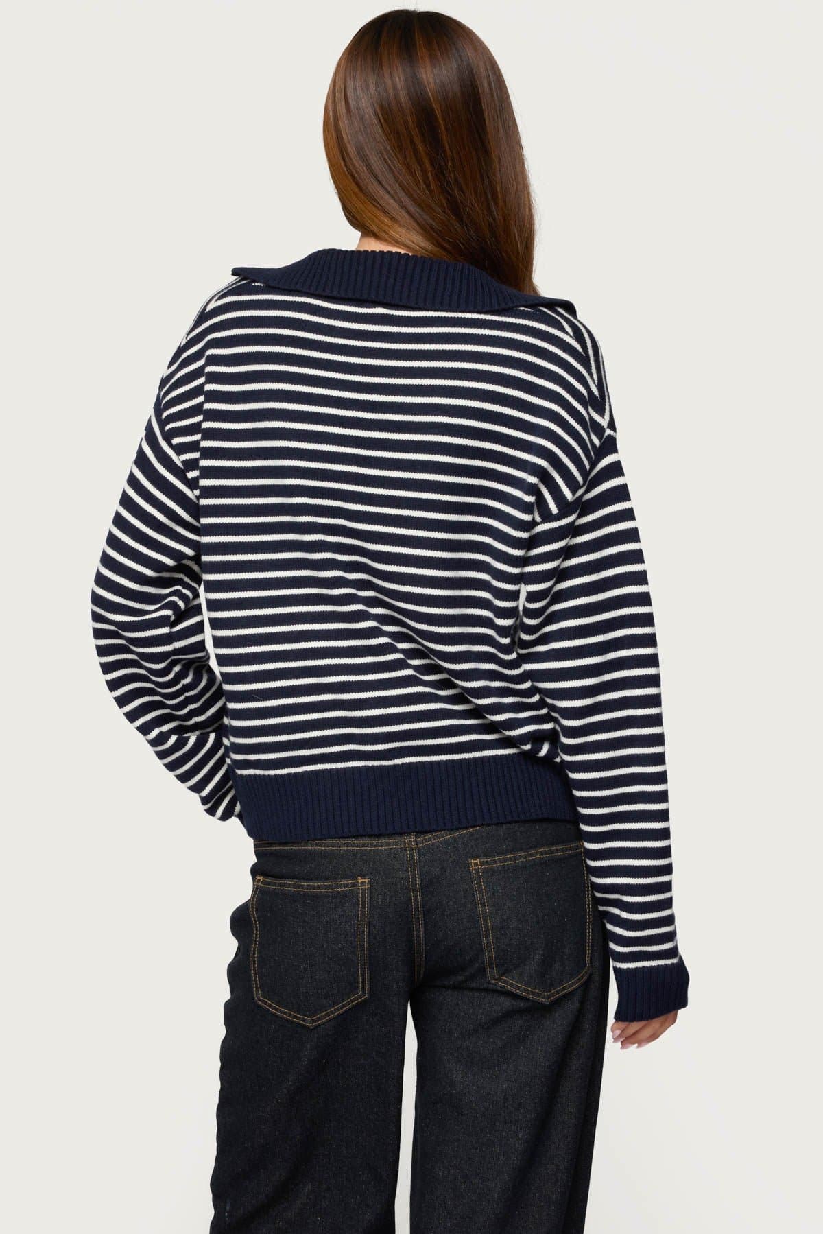 Copenhagen Oversized Striped Sweater V-Neck Collared Knit Acrylic