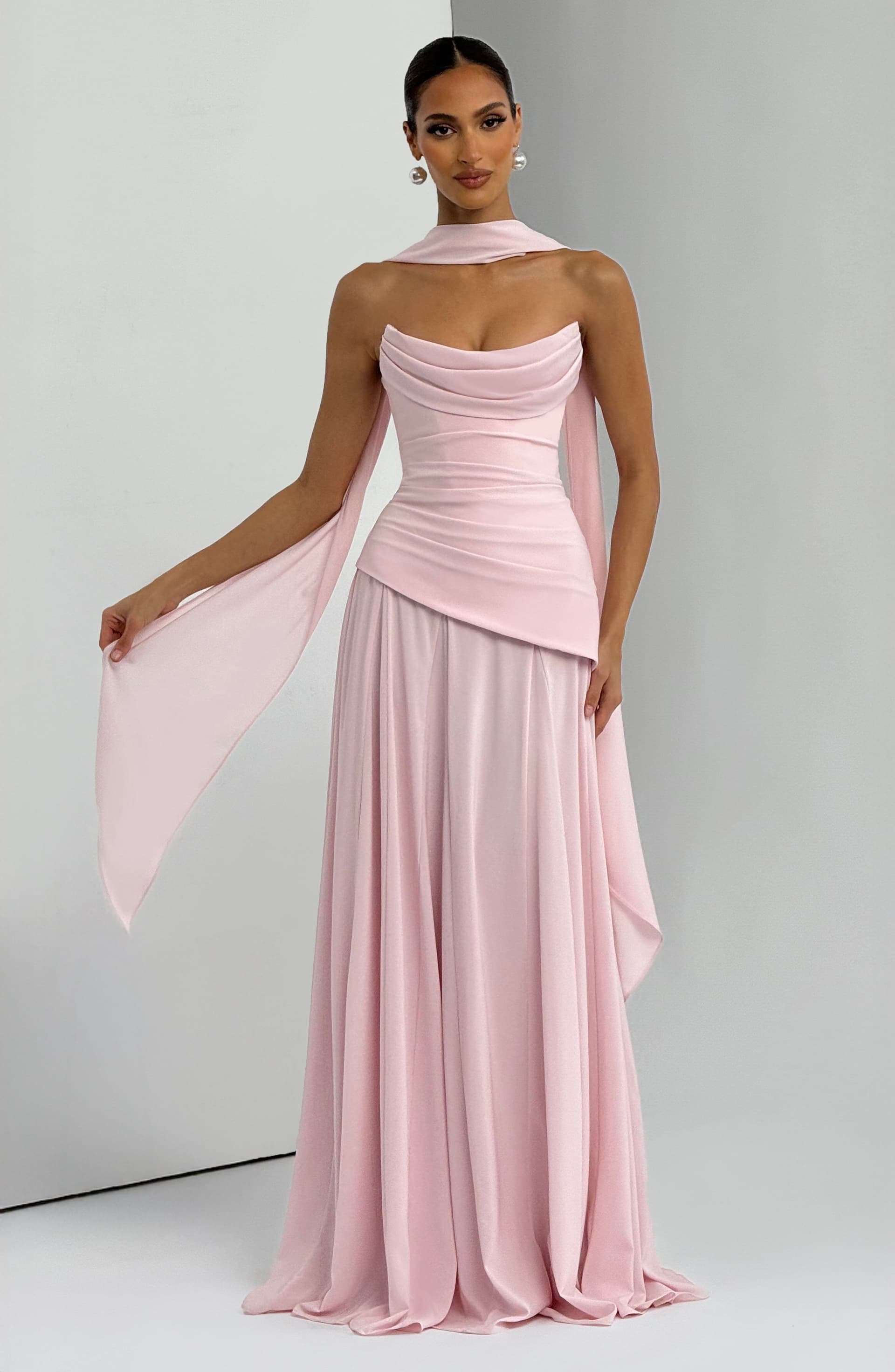 Patricia Maxi Dress - Blush Chiffon with Lace-Up Back, Scooped Neckline