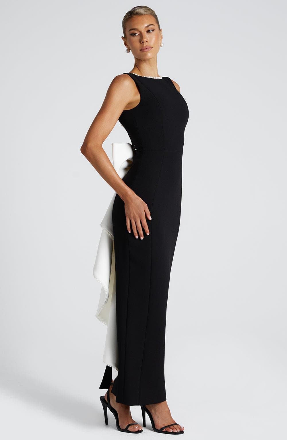 Lana Midaxi Dress in Black White Non-Stretch Crepe with Pearl Trim Bow