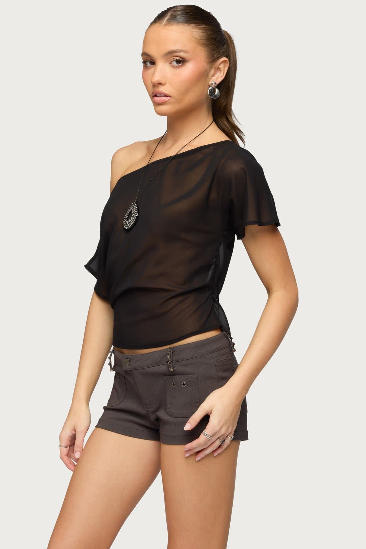 Noria Sheer Chiffon Off Shoulder Top with Back Tie Detail