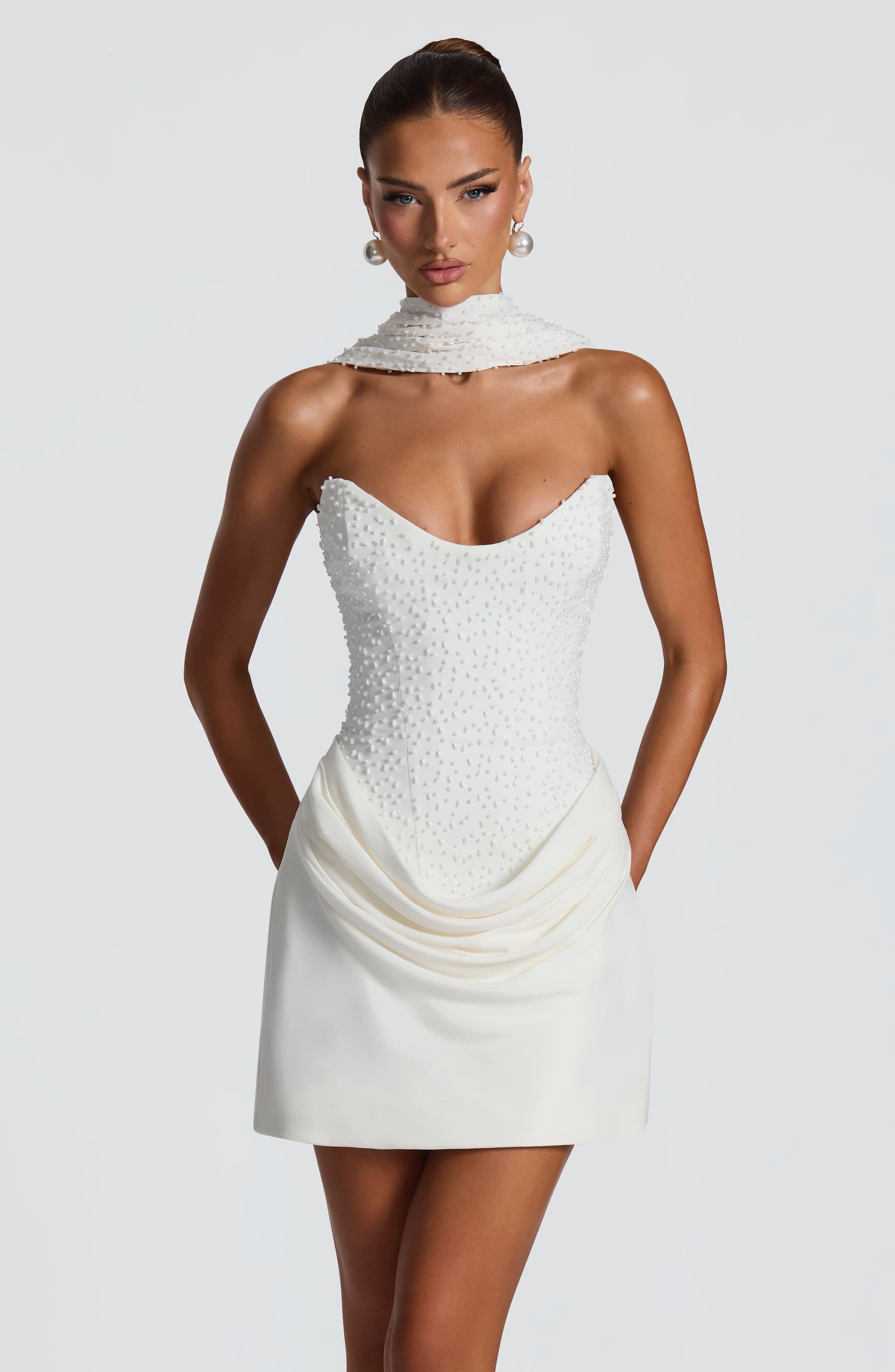 Tindra Mini Dress Ivory Pearl-Embellished Crepe Bodice Cupro Skirt