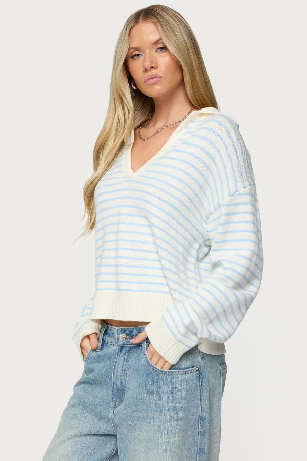 Copenhagen Oversized Striped Sweater - V Neck Knit Acrylic