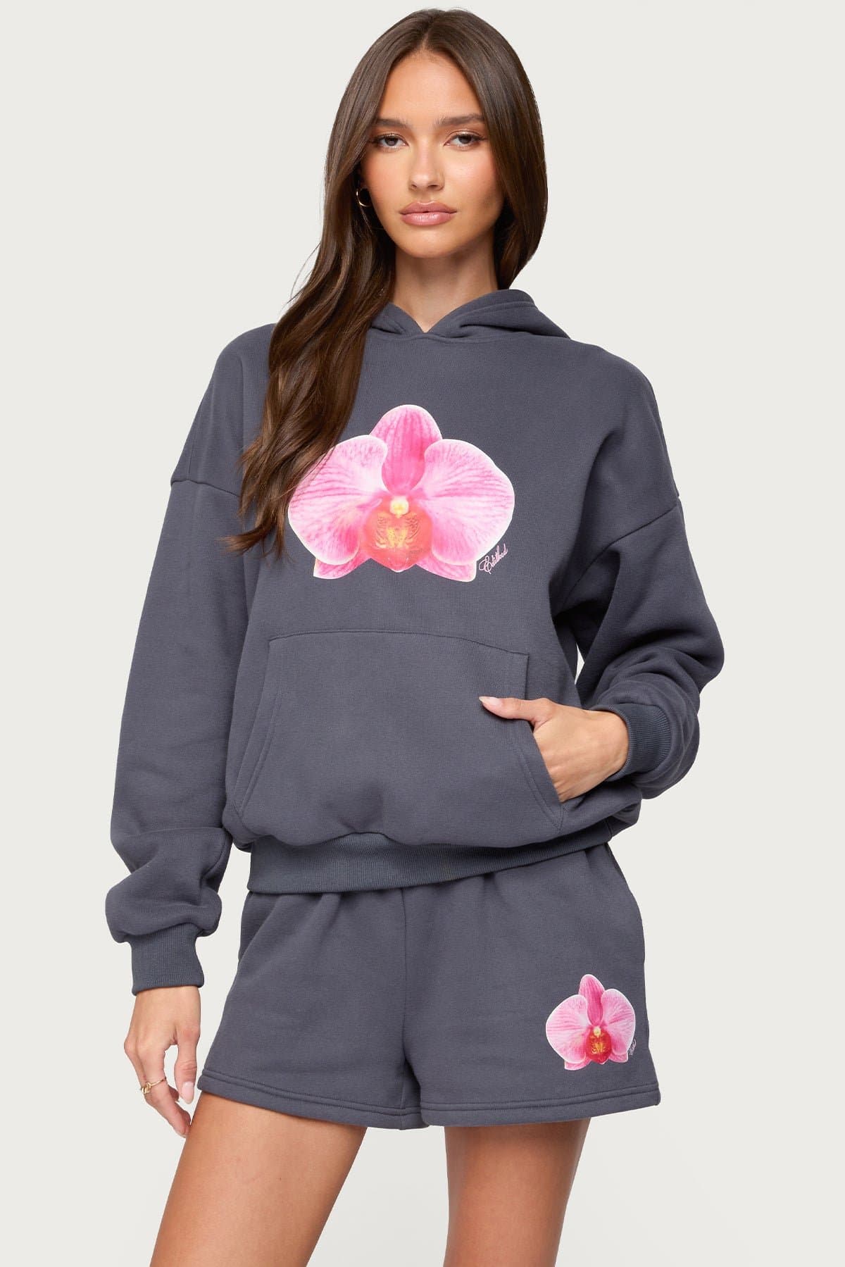 Orchid Babe Hoodie - Polyester Cotton Kangaroo Pocket Orchid Flower Graphic Print
