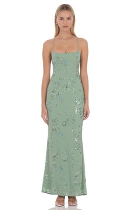 Lilia Embellished Maxi Dress in Green