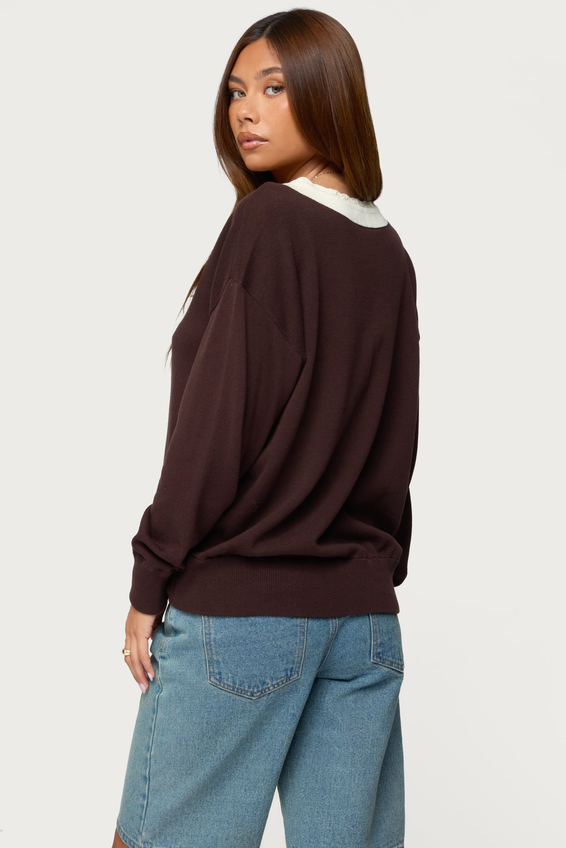 Marie Contrast Lacey V-Neck Cotton Knit Sweater