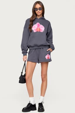 Orchid Babe Sweat Shorts - Polyester Cotton Graphic Print Inseam 2.76in