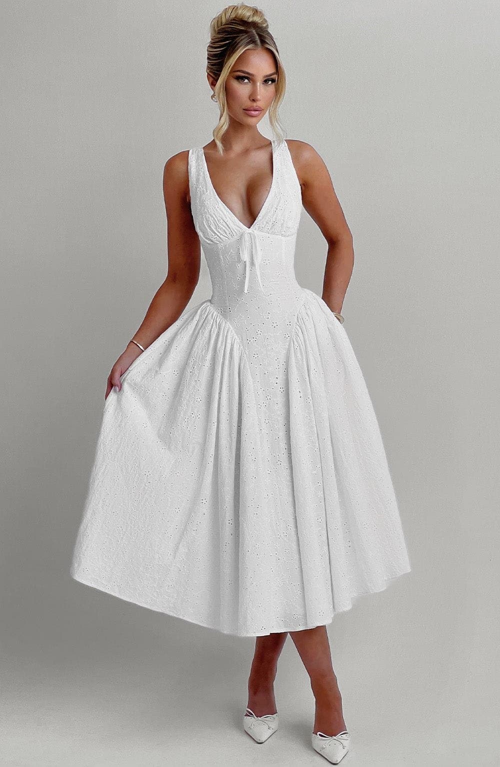 Monroe Midi Dress in Ivory with Broderie Anglaise, Plunge Neckline, Lace-Up Back