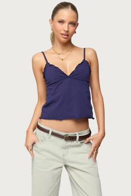 Glendon Babydoll Tank Top with Adjustable Straps, Lettuce Trim, Cotton Spandex