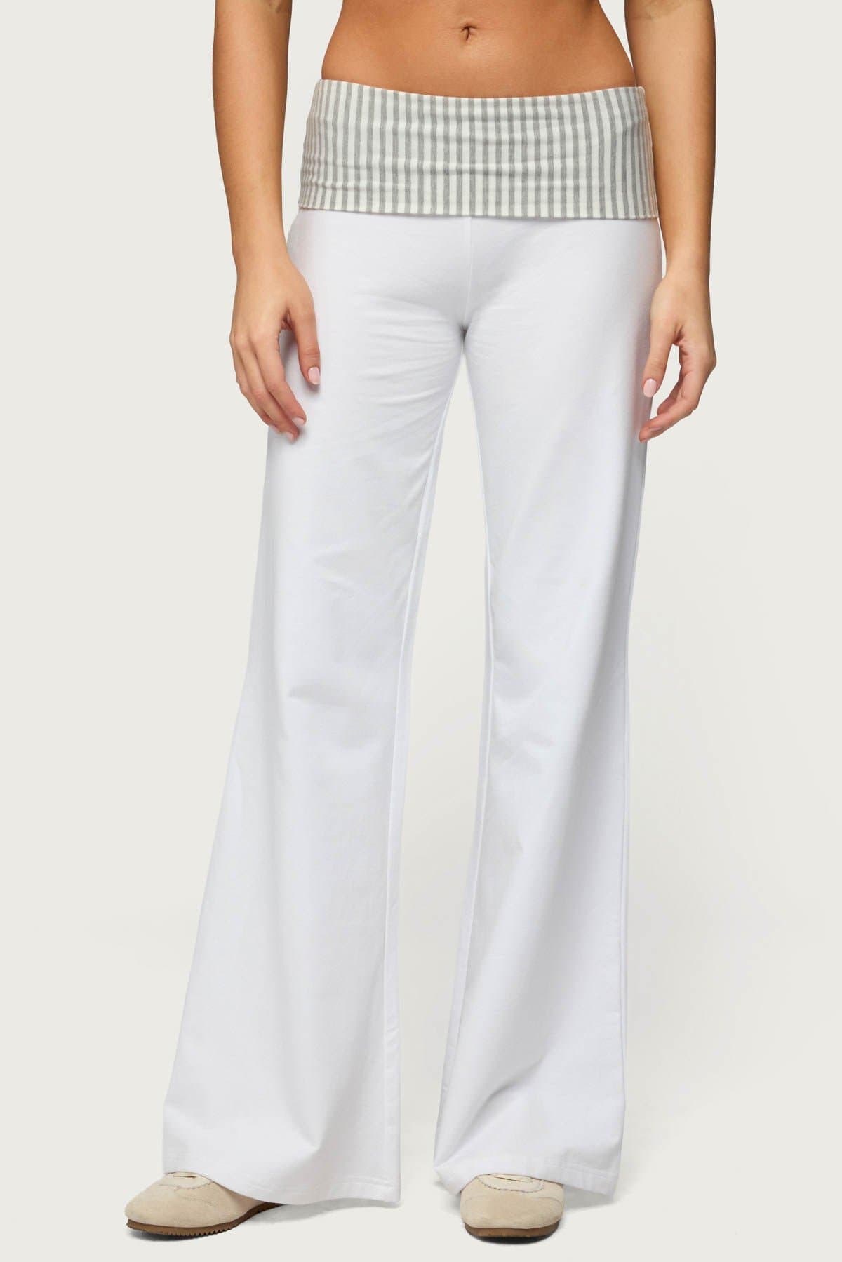 Meshey Striped Foldover Waistband Wide Leg Pants - Cotton Spandex Size S Inseam 32.3"