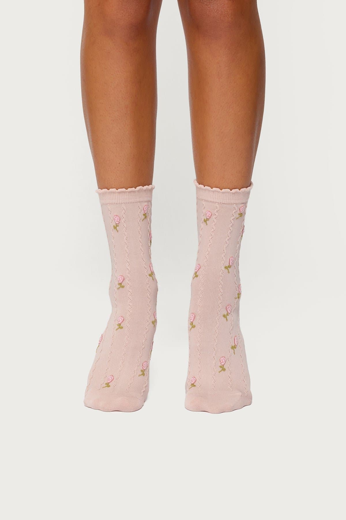 Embroidered Rose Socks with Frill Trim - Cotton Nylon Spandex Blend 11.4 Inch Length