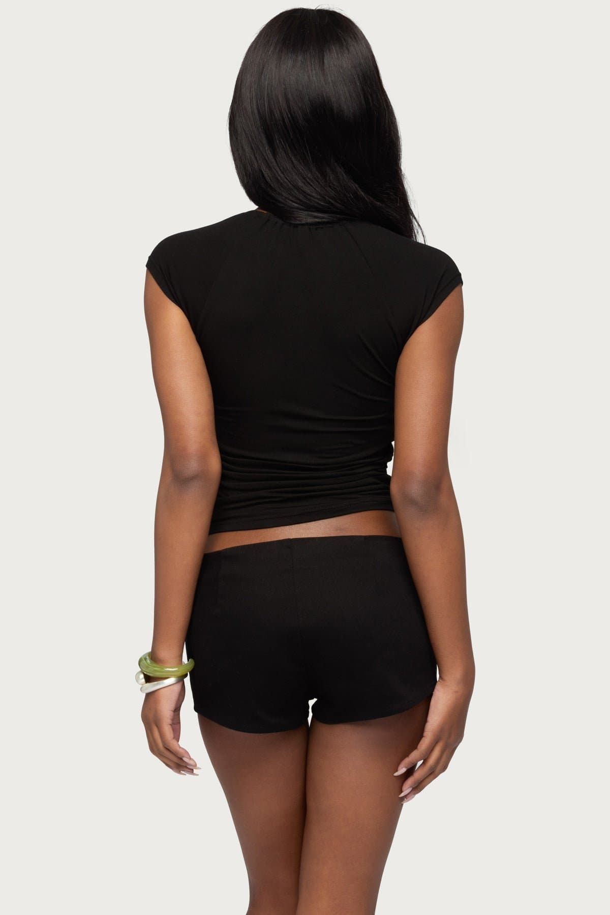 Karlah Keyhole Cutout Top - Short Sleeve Rayon Spandex with Front Tie