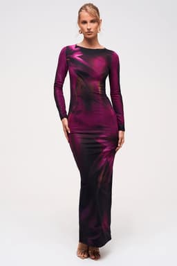 Purple Mirage Slash Neck Maxi Dress Bodycon Fit Full Sleeve