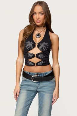 Lettie Rhinestone Cut Out Halter Top - Polyester Spandex
