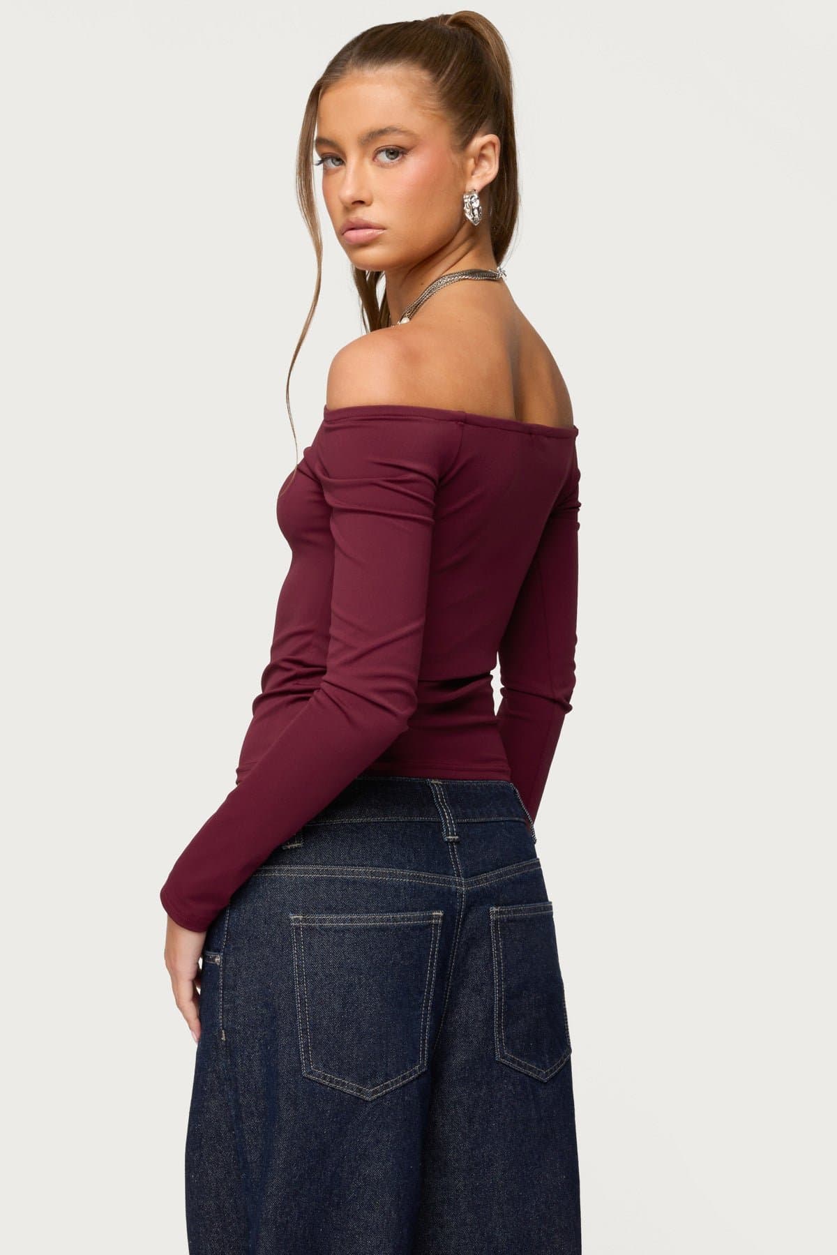Katie Off Shoulder Long Sleeve Top - Polyester Spandex