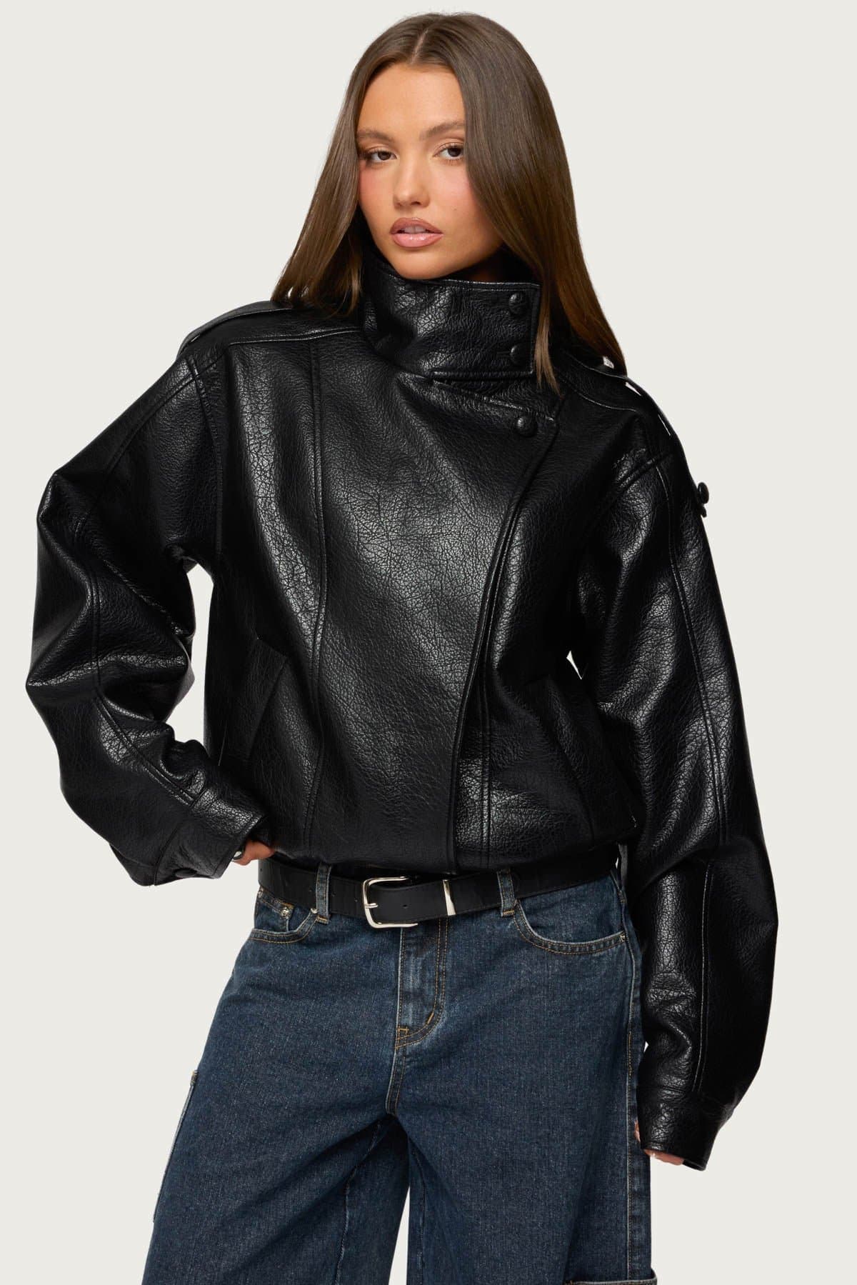 Jaicee High Neck Oversized Faux Leather Jacket - Polyurethane Polyester Women's Jacket