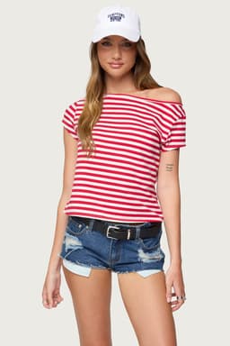 Aretha Striped Off Shoulder Top - Cotton Spandex Women's Blouse Size S