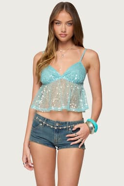Sheer Sequin Babydoll Tank Top with Adjustable Straps - Polyester
