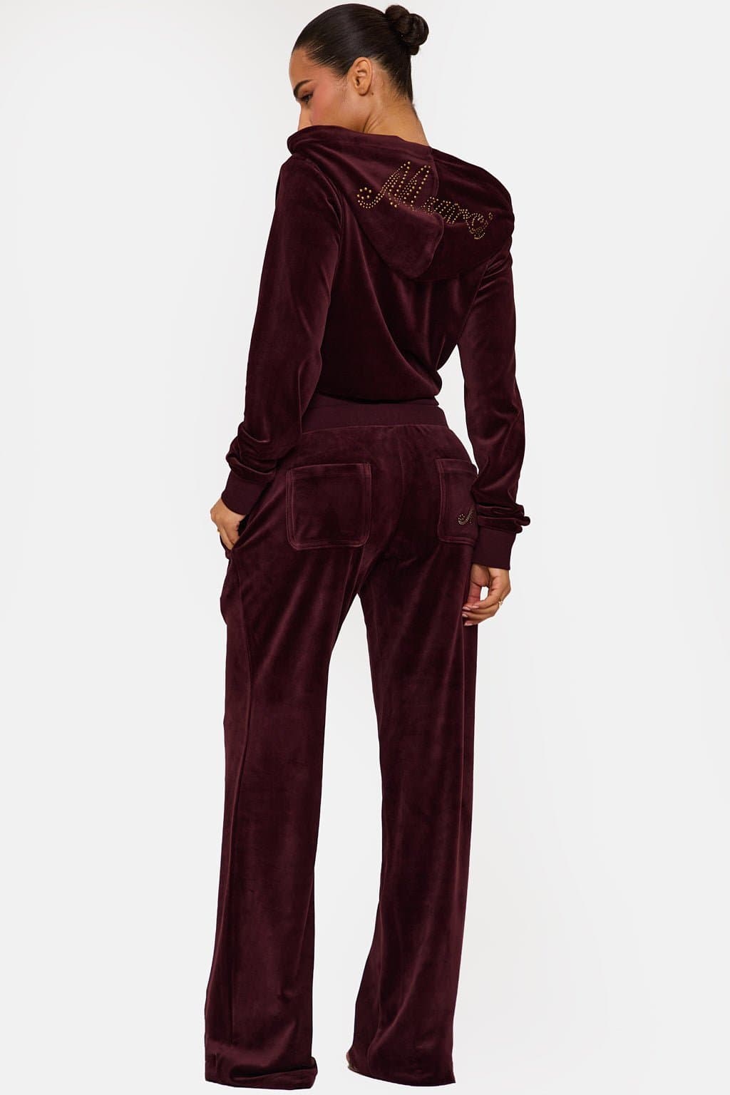 Wine Velour Plush Jogger Pants with MM Hotfix Studs - 95% Polyester 300GSM