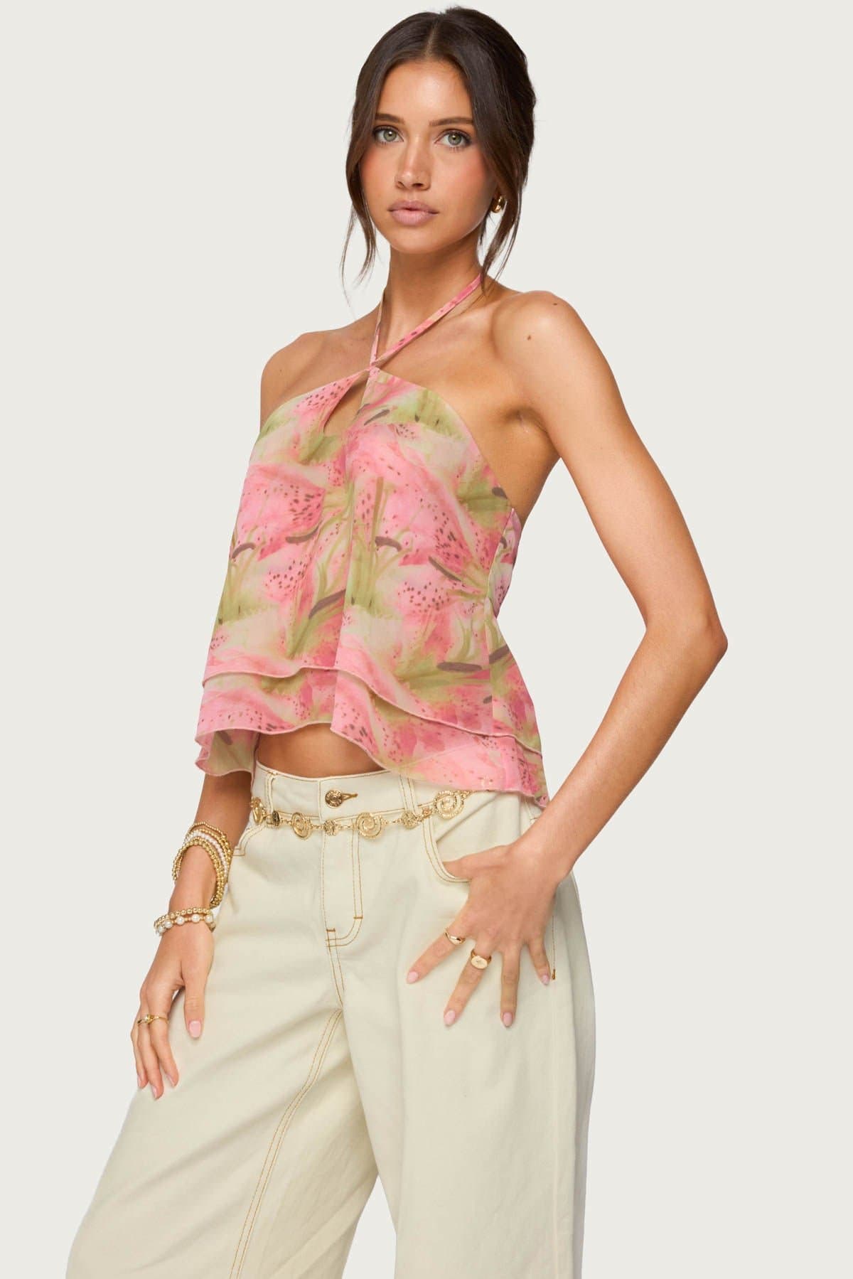 Dragon Lily Floral Print Layered Chiffon Halter Top