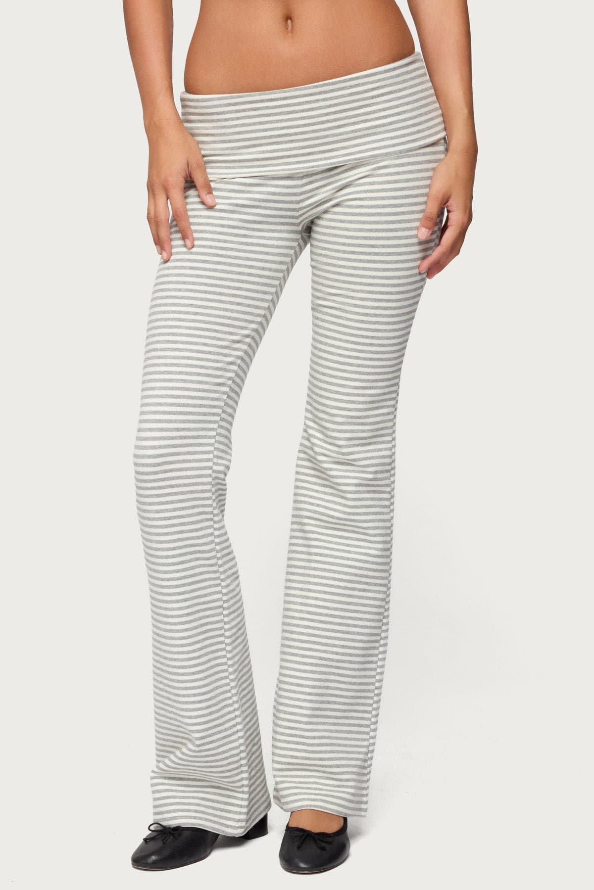 Kaeli Stripey Flared Leggings - Cotton Polyester Spandex Loungewear with Fold Over Waistband