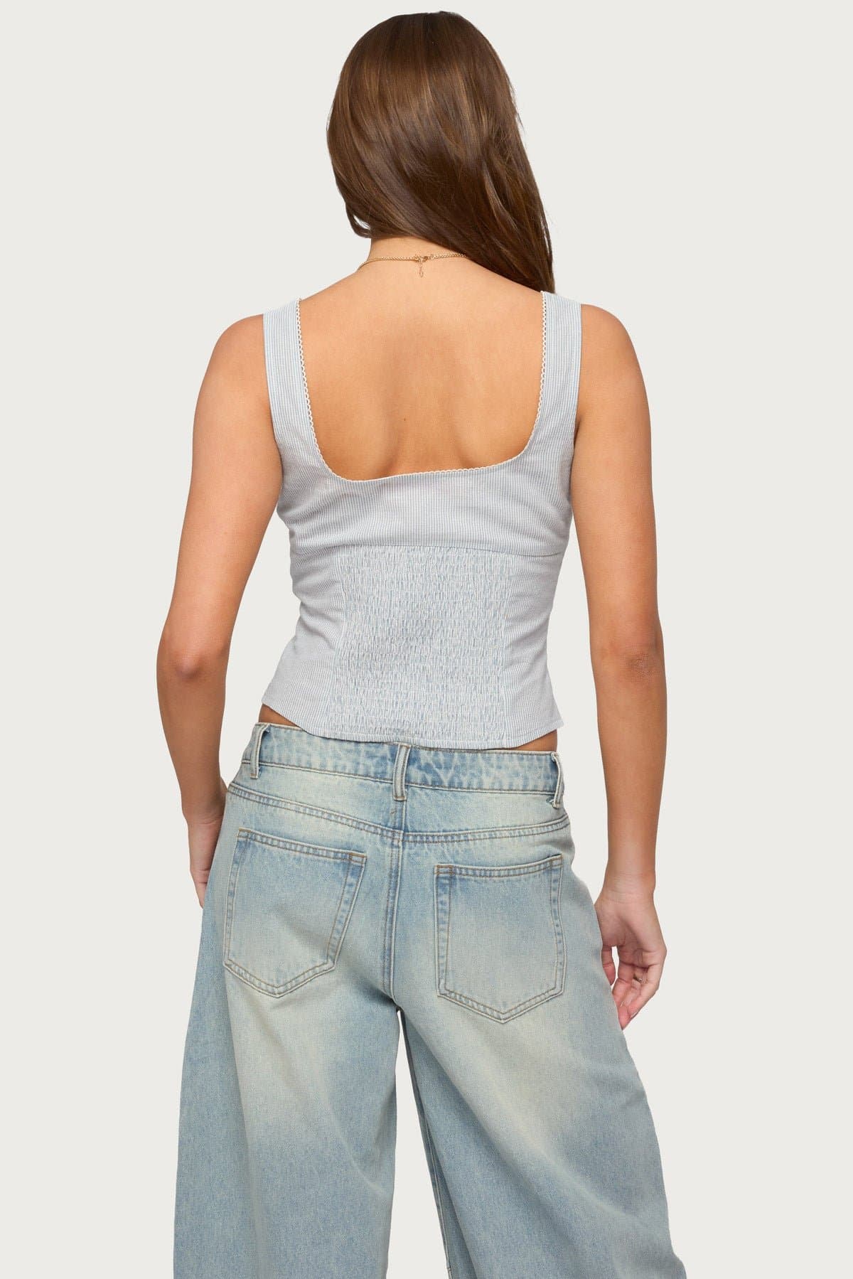 Katiya Pinstripe Button Up Top - Cotton Linen Smocked Back Frill Trim