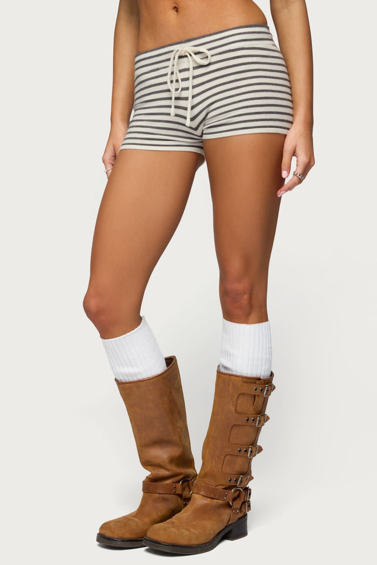 Lillian Striped Knit Shorts Adjustable Tie Waist Rayon Polyester Nylon