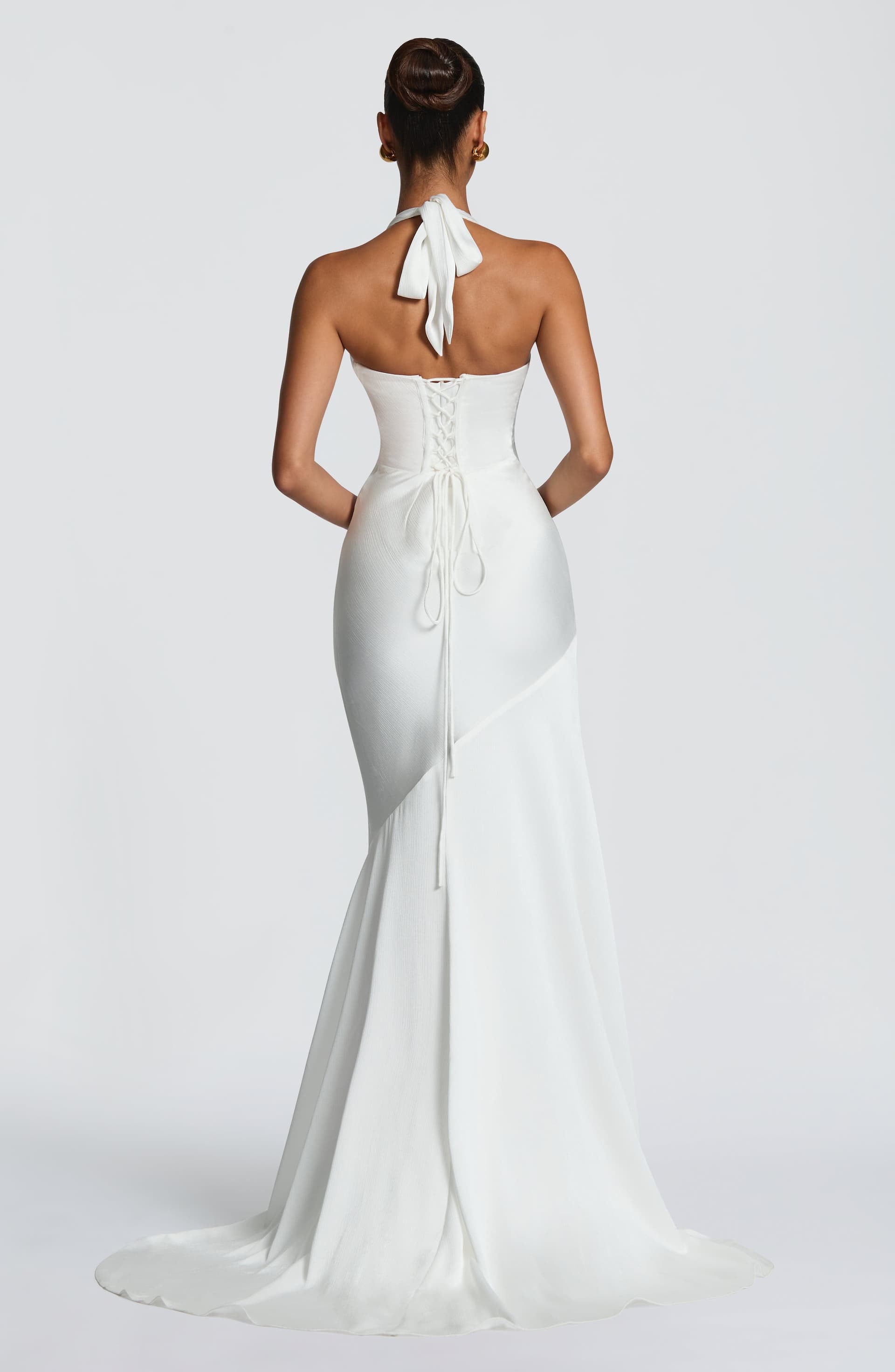 Kirsten Ivory Textured Satin Gown with Plunge Neckline and Train