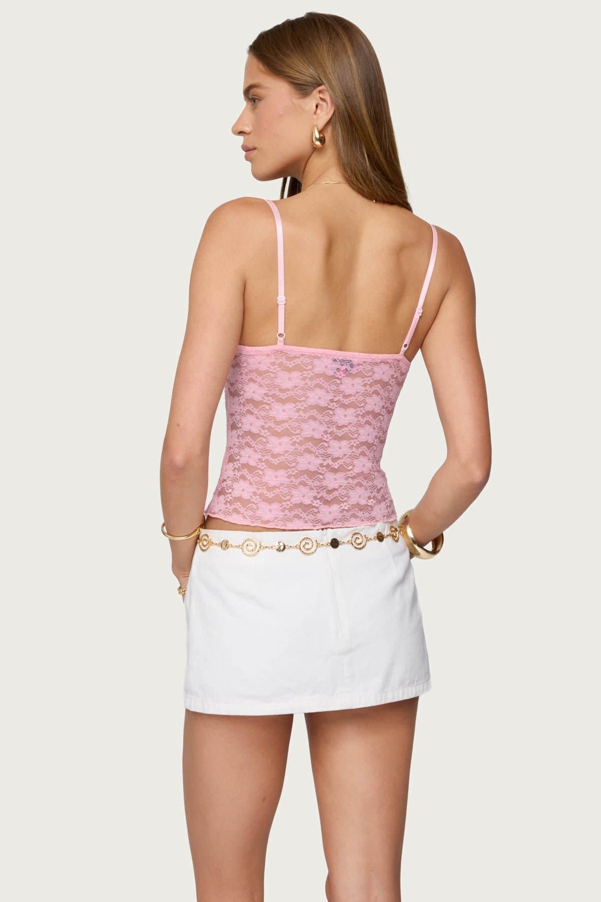 Eira Sheer Lace Tank Top with Mini Bow Detail, Adjustable Straps, Polyester Spandex